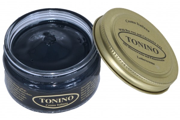 Navy blue Tonino leather cream in the glass. Care + protection.