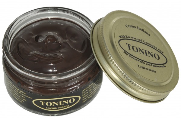 Dark brown Tonino leather cream in the glass. Care + protection.