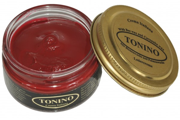 Cherry Red Tonino leather cream in the glass. Care + protection.