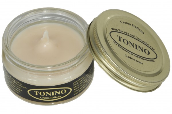 Neutral Tonino leather cream in the glass. Care + protection.