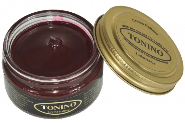Bordeaux Tonino leather cream in the glass. Care + protection.