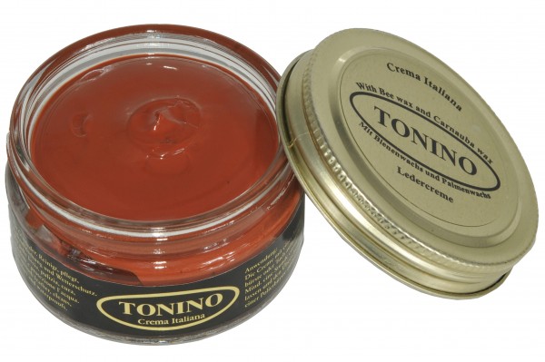 Cognac Tonino leather cream in the glass. Care + protection.