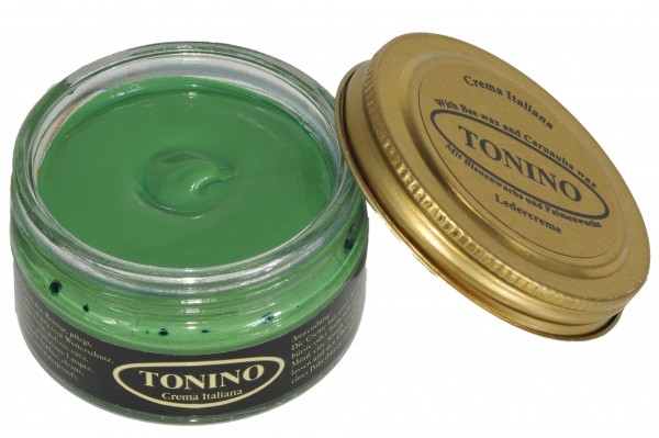 Light green Tonino leather cream in the glass. Care + protection.