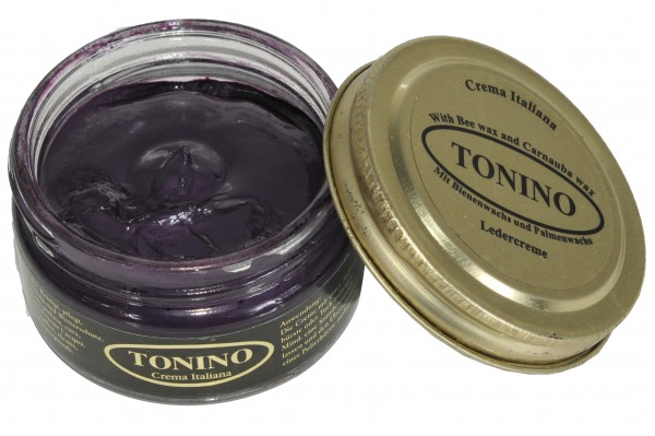 Purple Tonino leather cream in the glass. Care + protection.