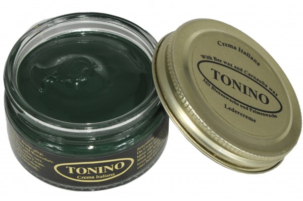 Dark green Tonino leather cream in the glass. Care + protection.